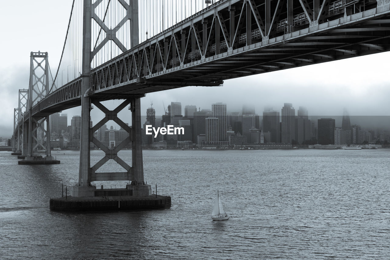 Suspension bridge over river in city