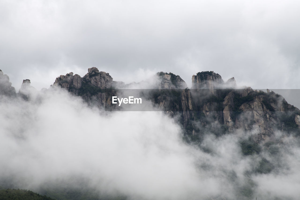 Low angle view of foggy weather against sky