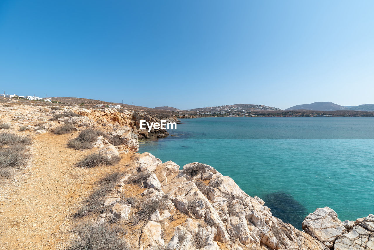 Scenic view of sea against clear blue sky