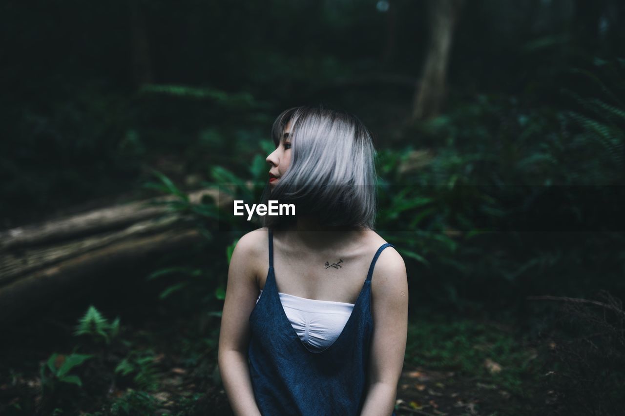 REAR VIEW OF WOMAN IN FOREST