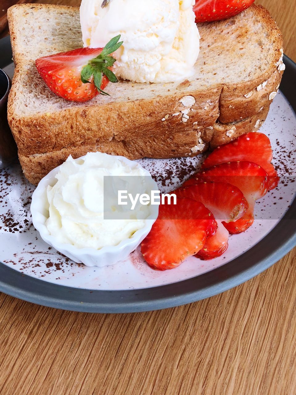 High angle view of breakfast served on table