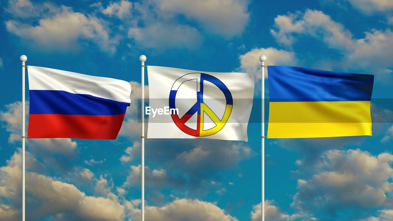 Russia and ukraine flag with peace sign or peace symbols fluttering in the sky, 3d rendering.