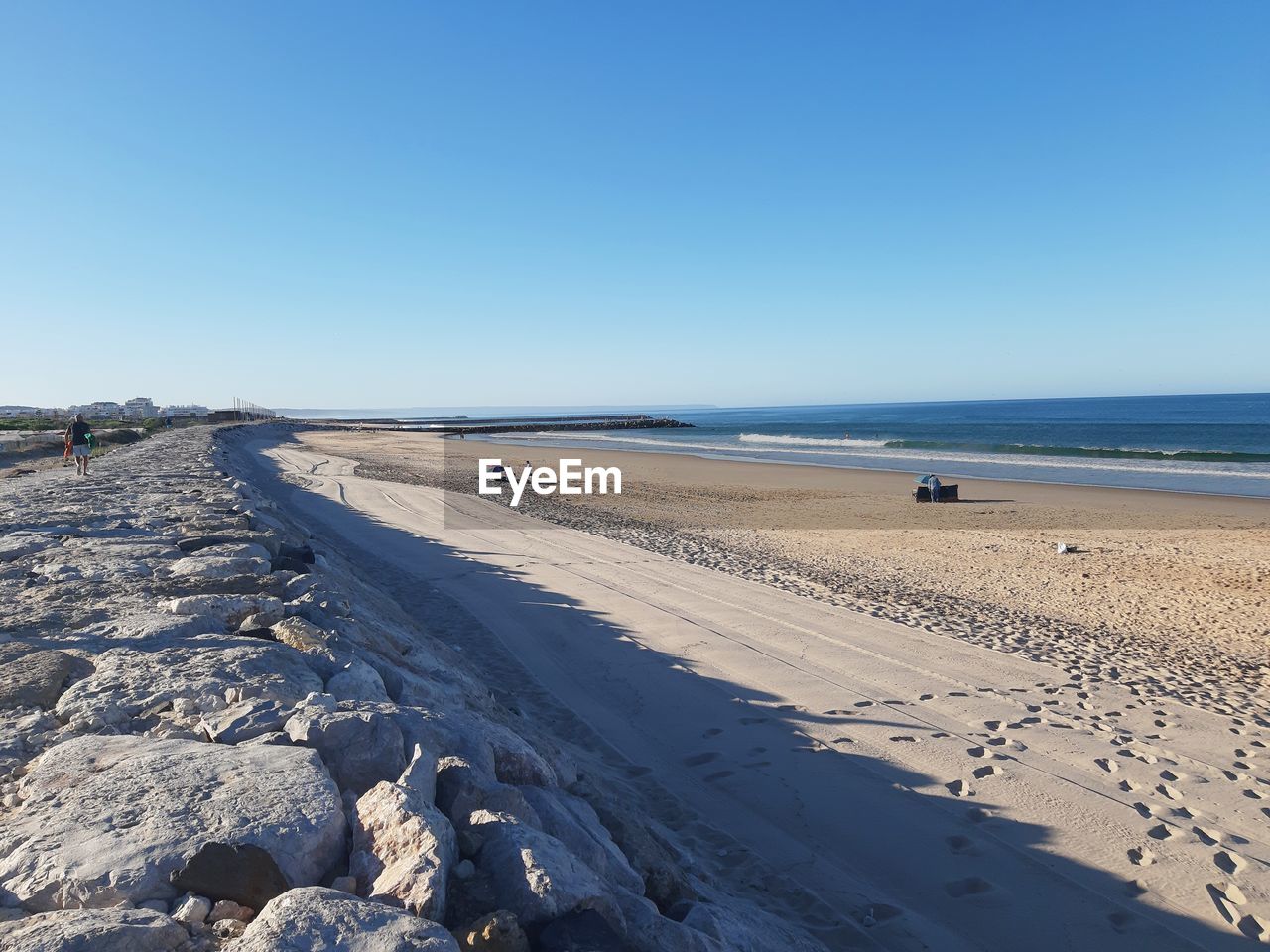 PANORAMIC VIEW OF BEACH AGAINST CLEAR BLUE SKY