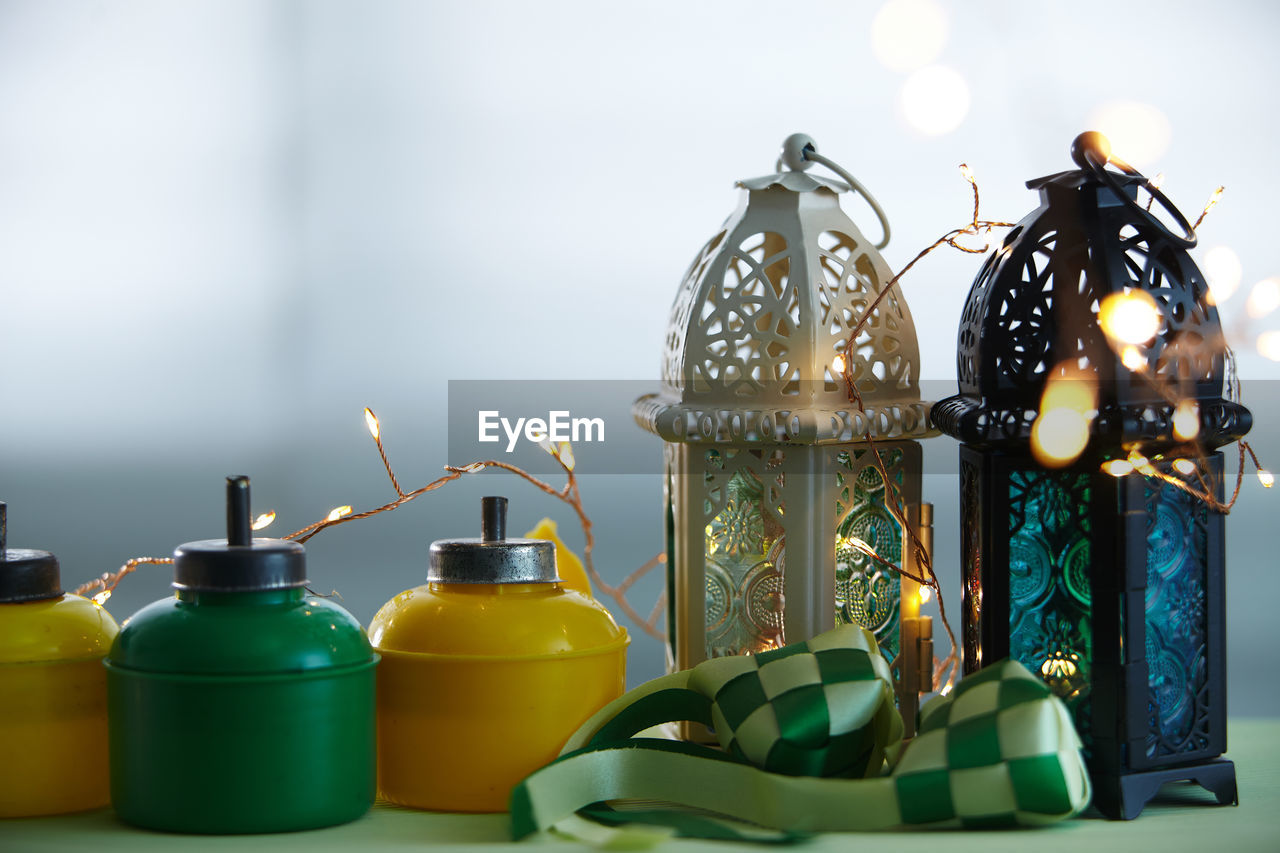 Arabic lantern and colorful oil lamp for ramadan decoration