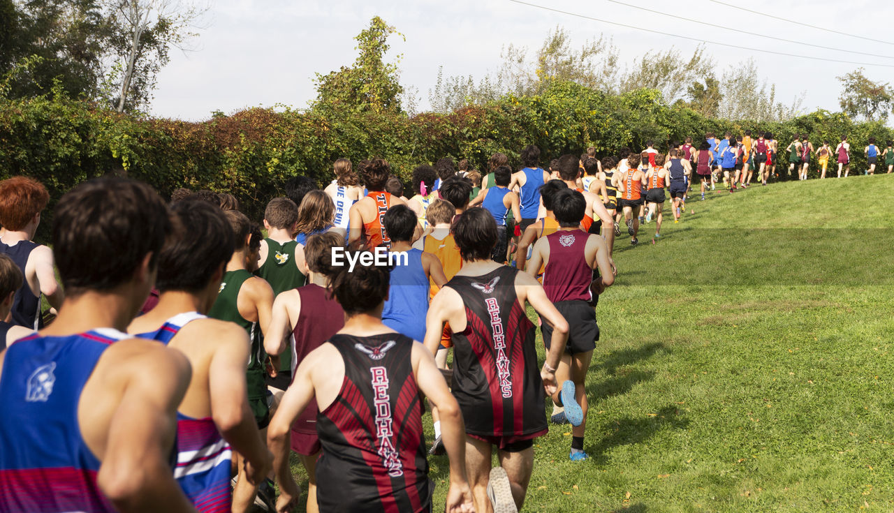 crowd, group of people, large group of people, endurance sports, plant, sports, nature, grass, men, event, women, adult, person, day, rear view, tree, athlete, outdoors, lifestyles, track and field event, race