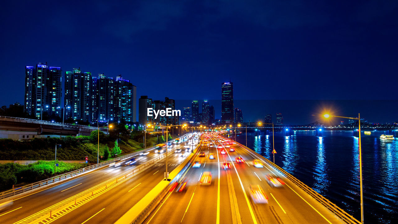 Light trails on road at night