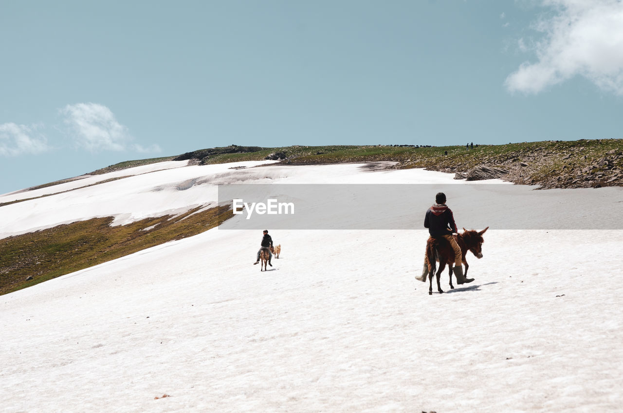 People riding horses on snow covered field