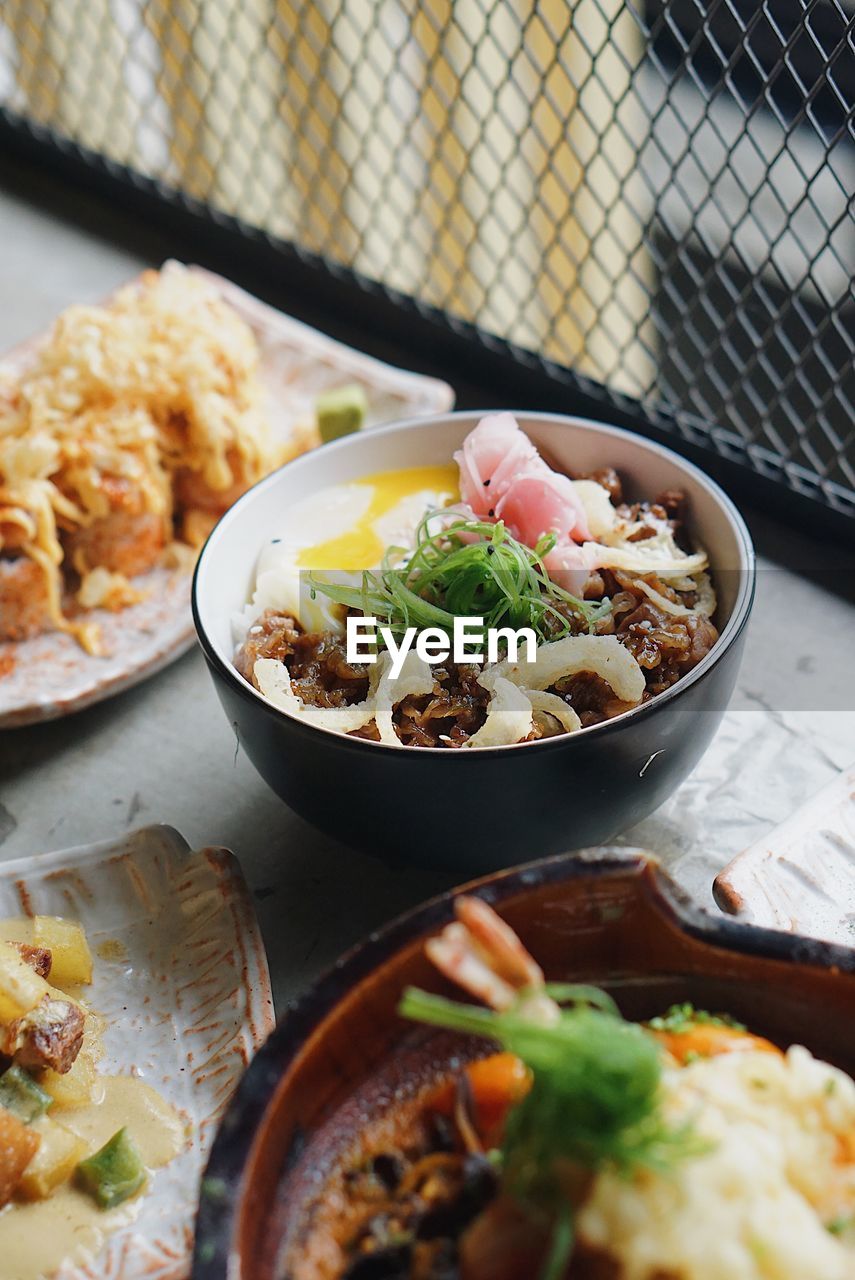 Close-up of food served on table