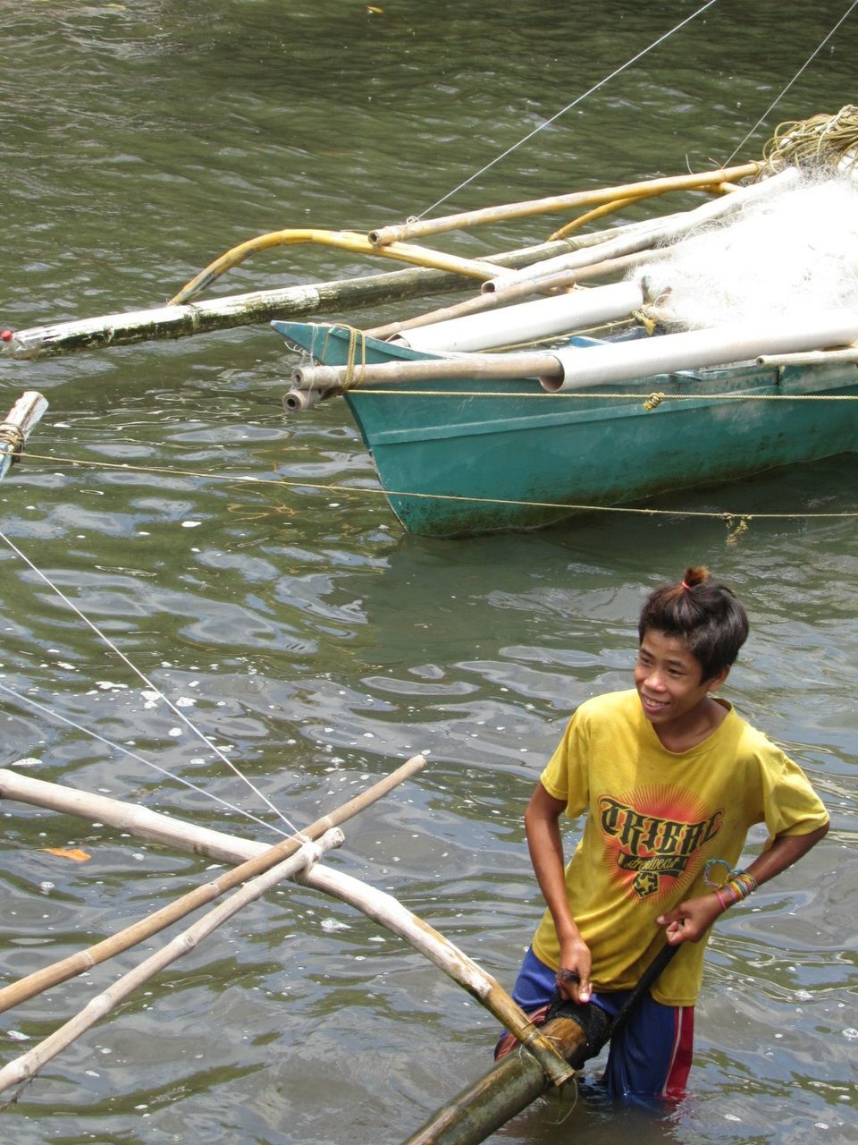 MAN IN BOAT SAILING ON RIVER