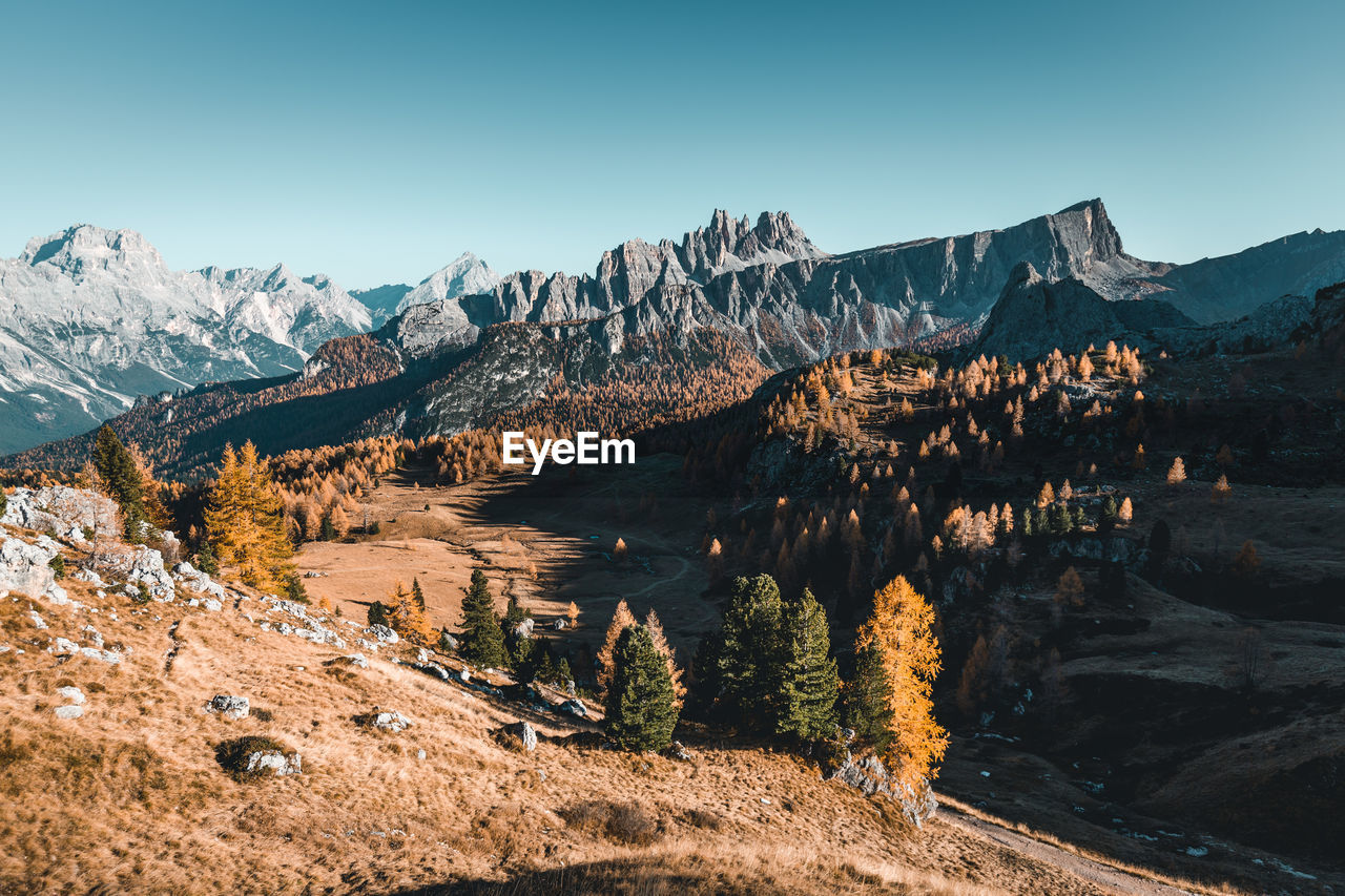 Scenic view of snowcapped mountains against clear sky