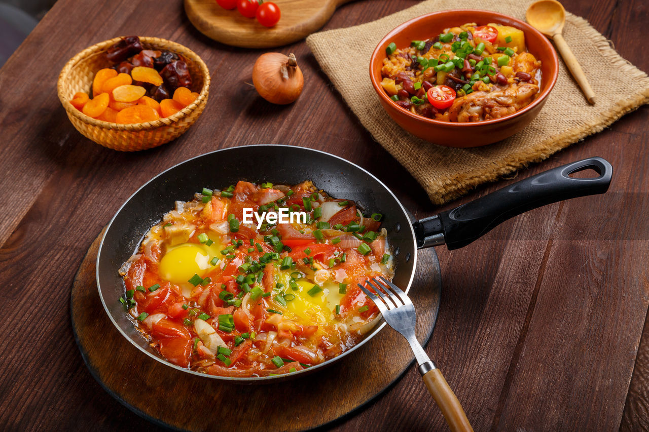 high angle view of food in bowl on table