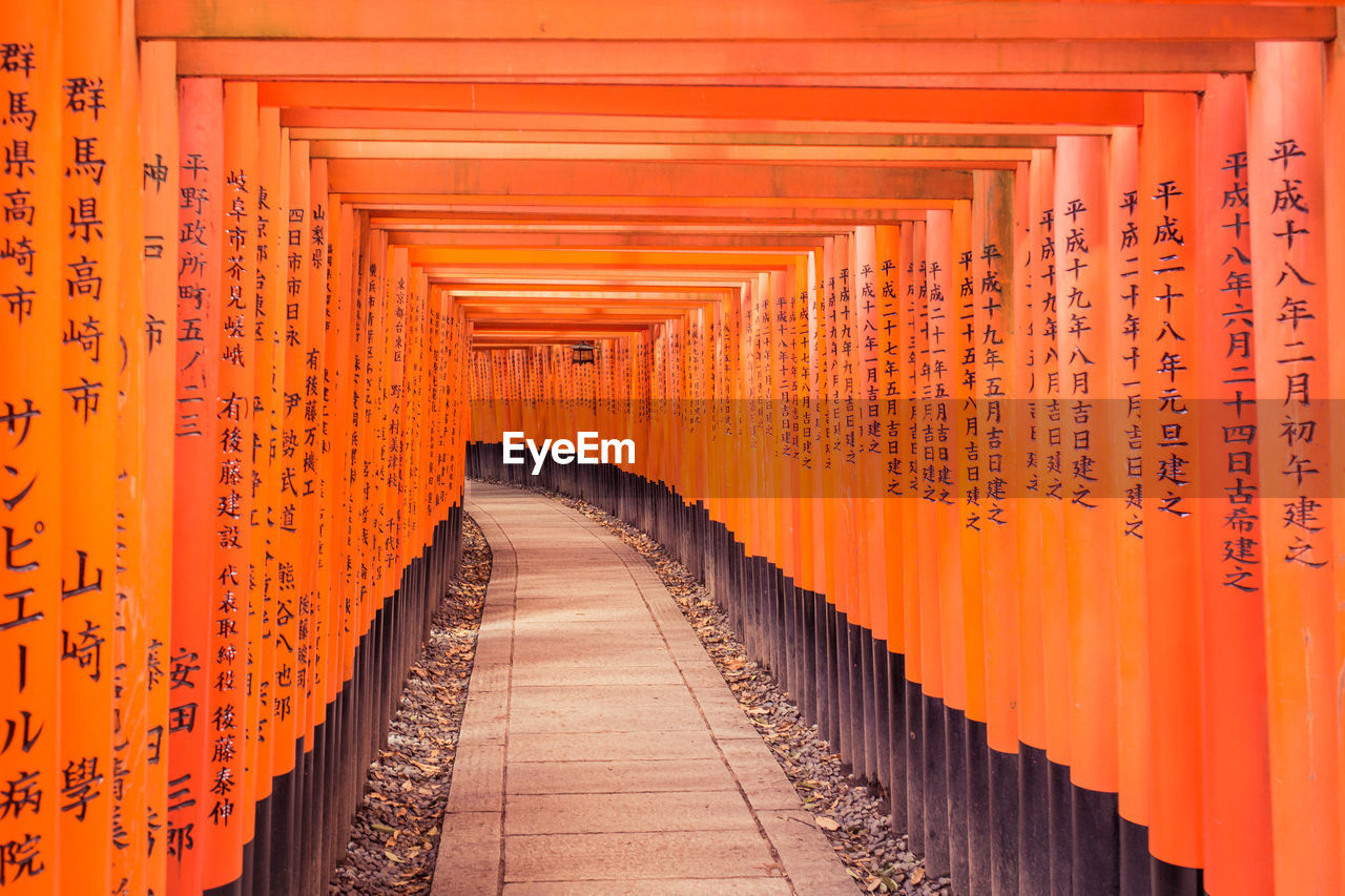 Footpath amidst orange torii gates with chinese script