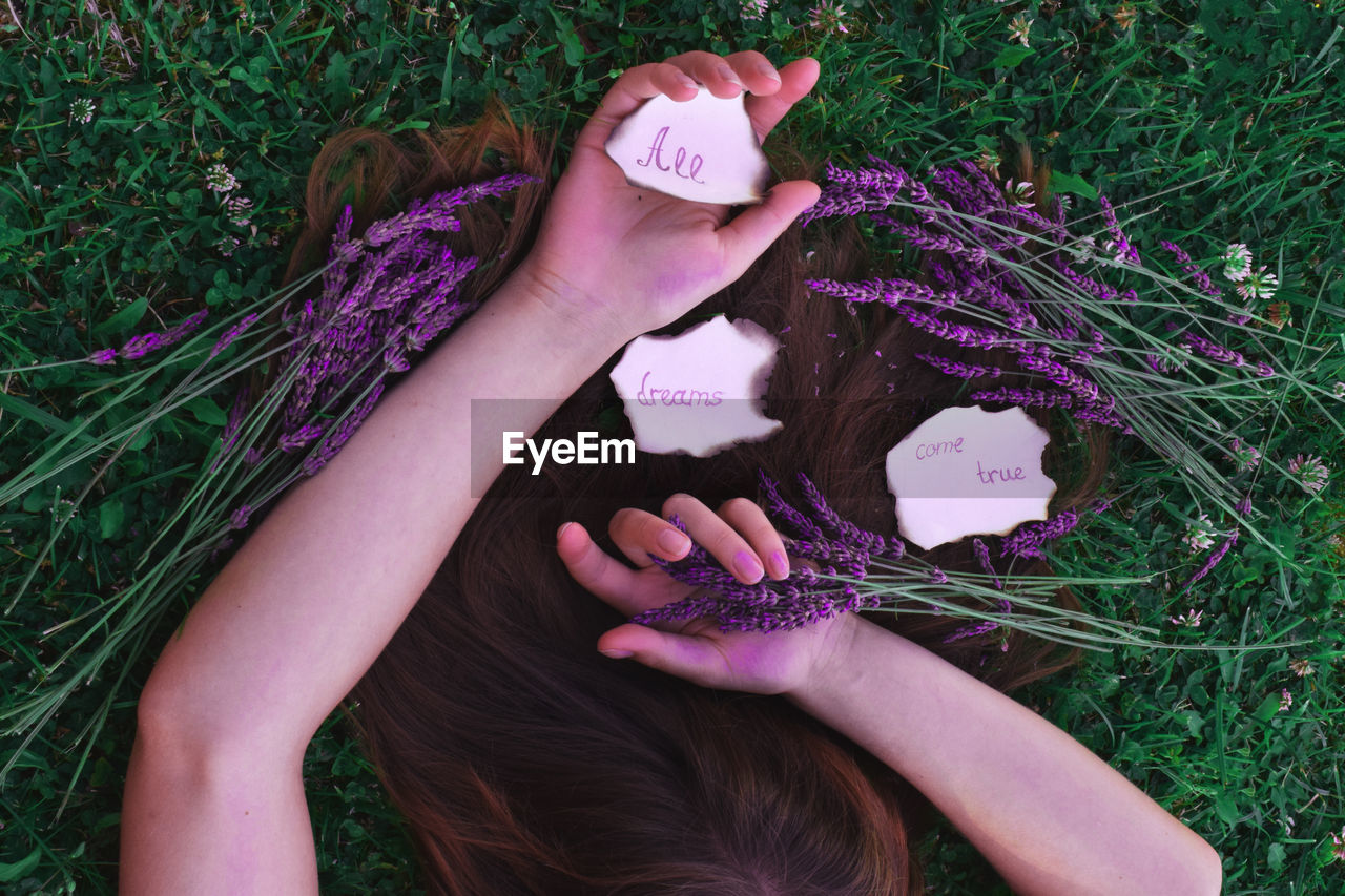 High angle view of woman holding flowers and labels while lying on field