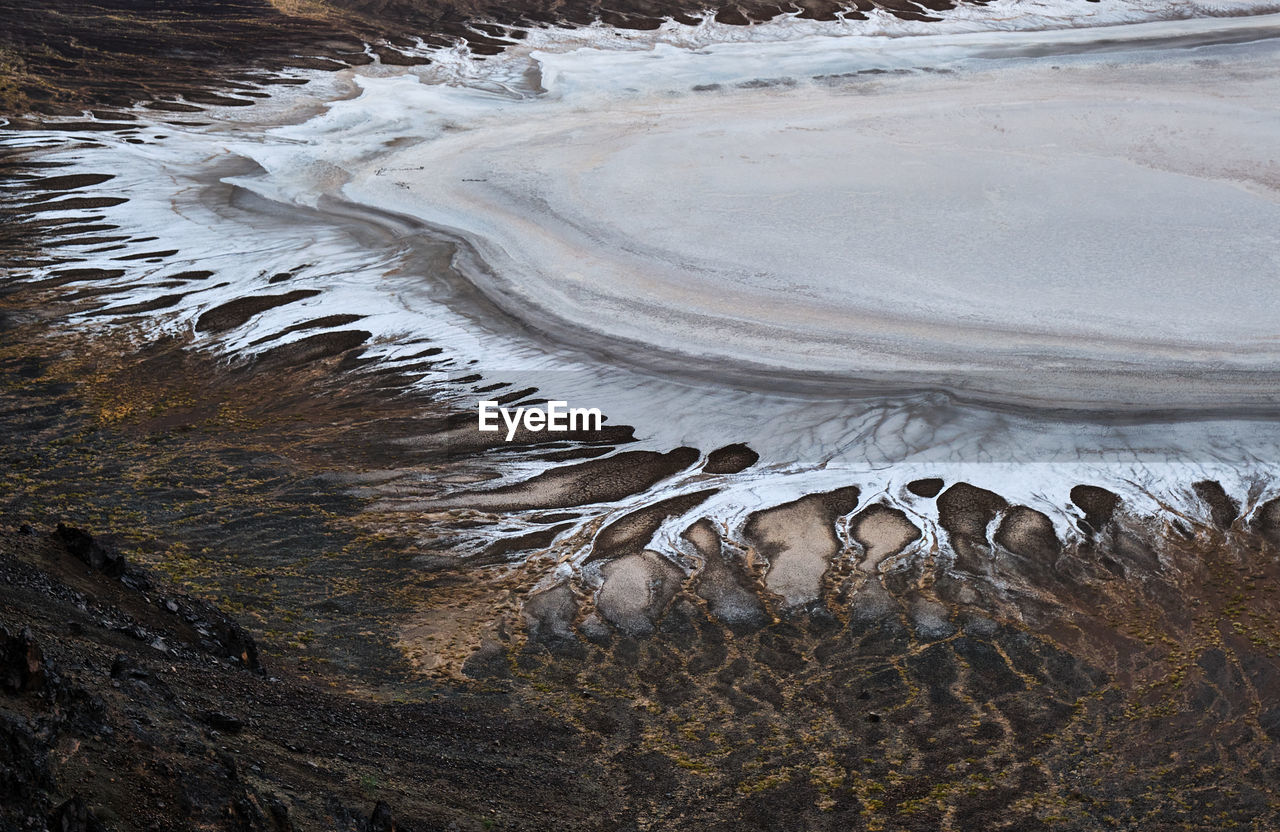 High angle view of dry salted water on land