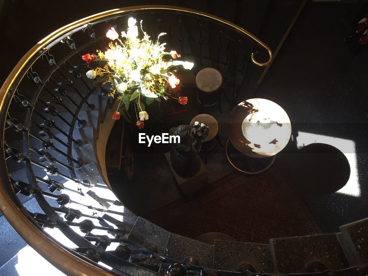 High angle view of staircases and flowers at home