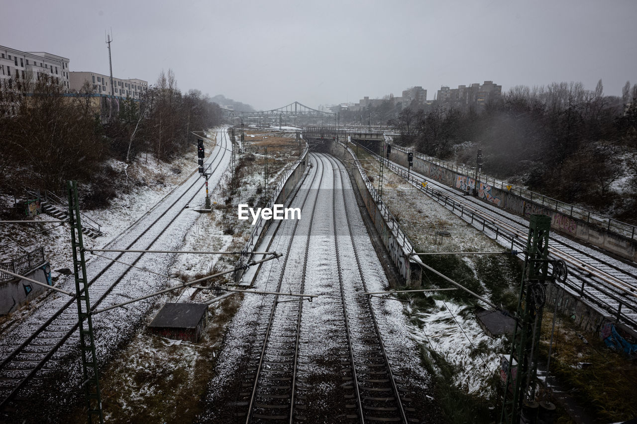 High angle view of railroad tracks during winter, s-bahn, berlin
