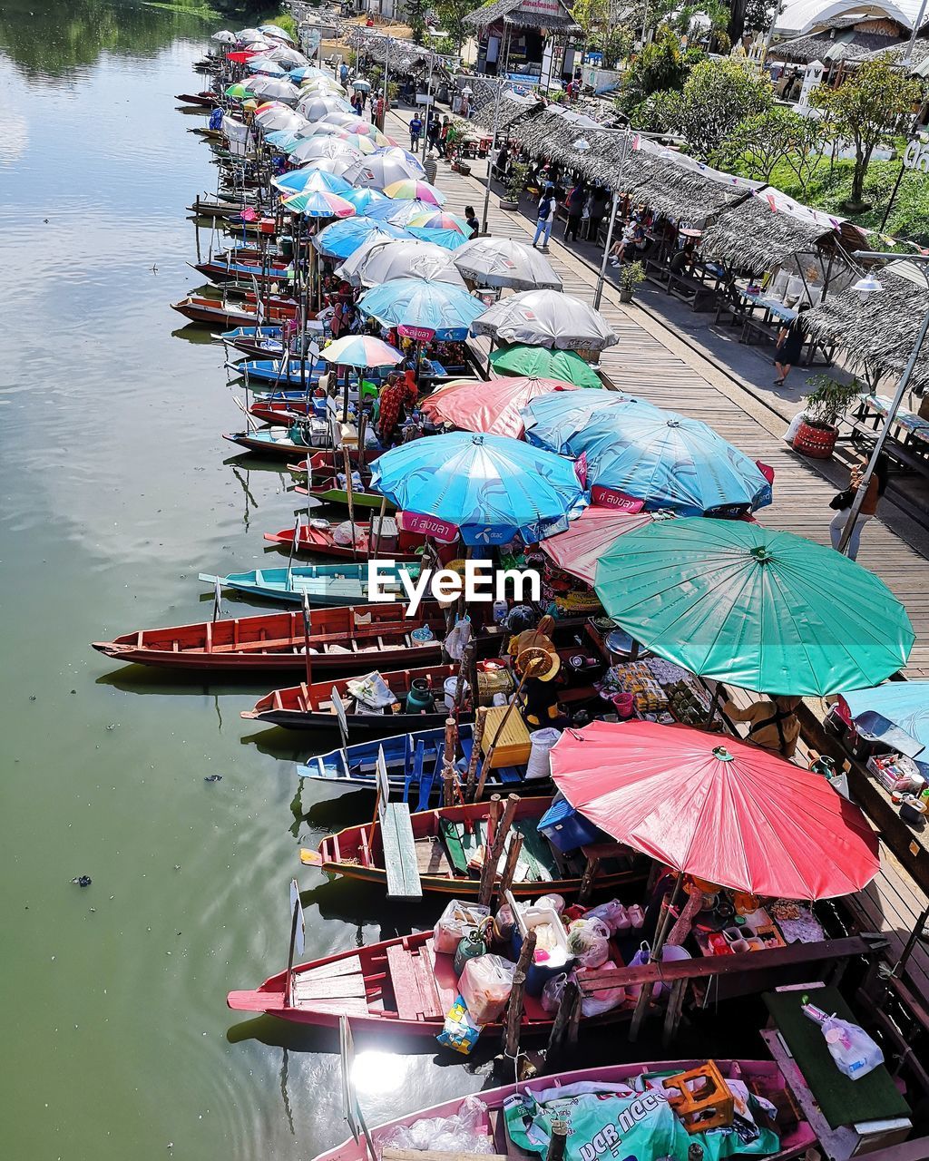High angle view of boat market stall in lake