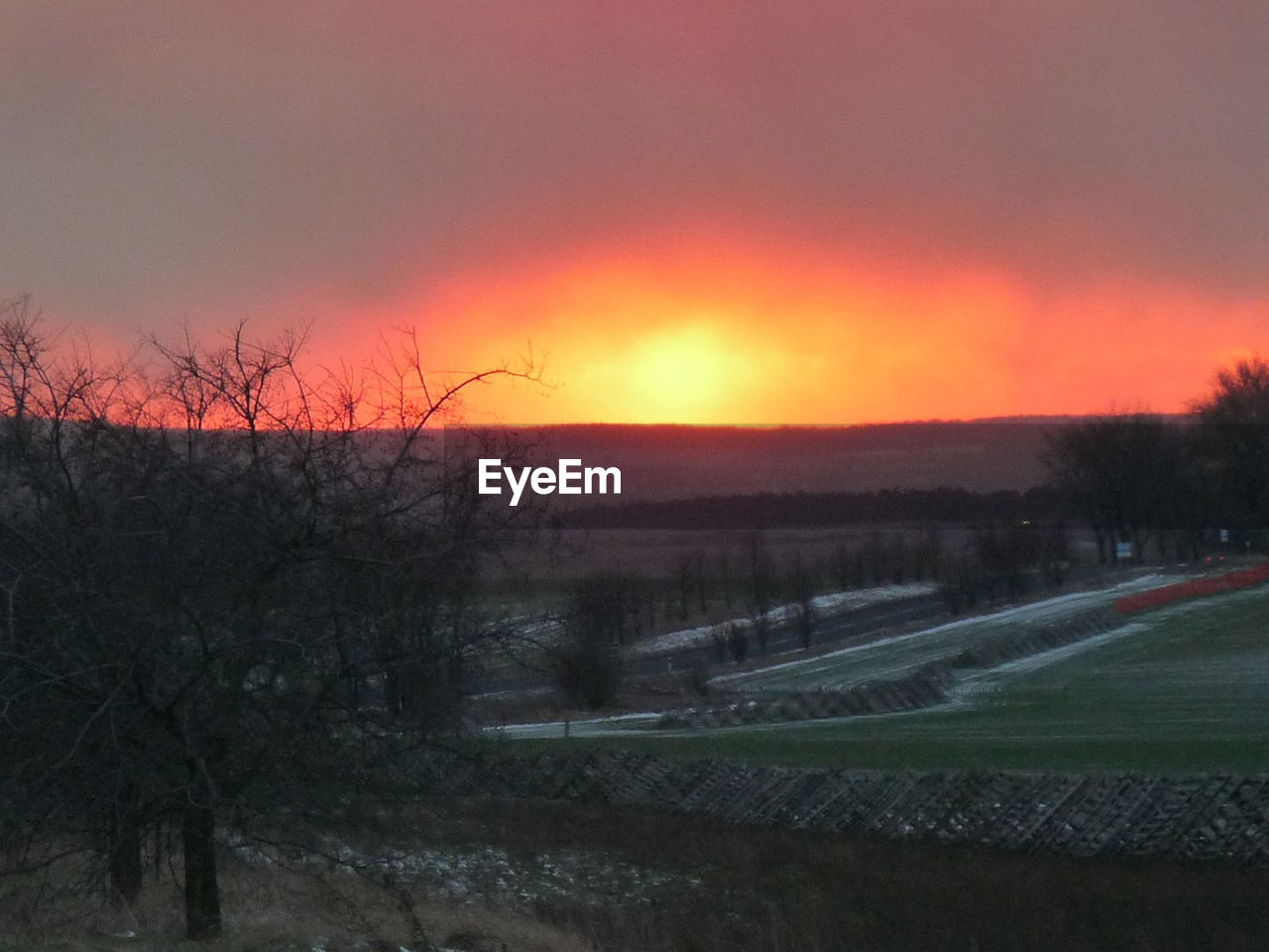 SCENIC VIEW OF FIELD AGAINST ORANGE SKY