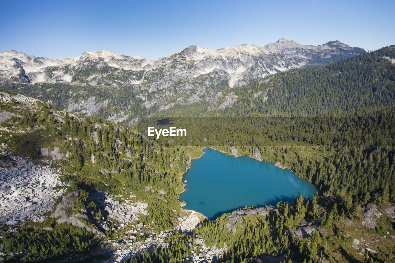 High angle view of scenic mountain lake and mountain view.