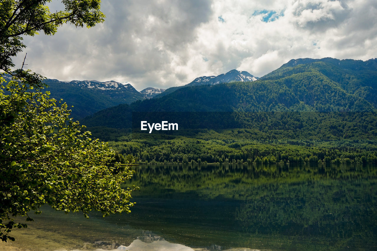 Scenic view of lake and mountains against sky