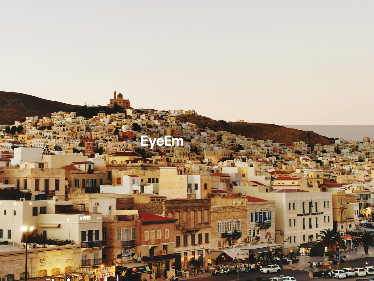 High angle view of townscape against clear sky