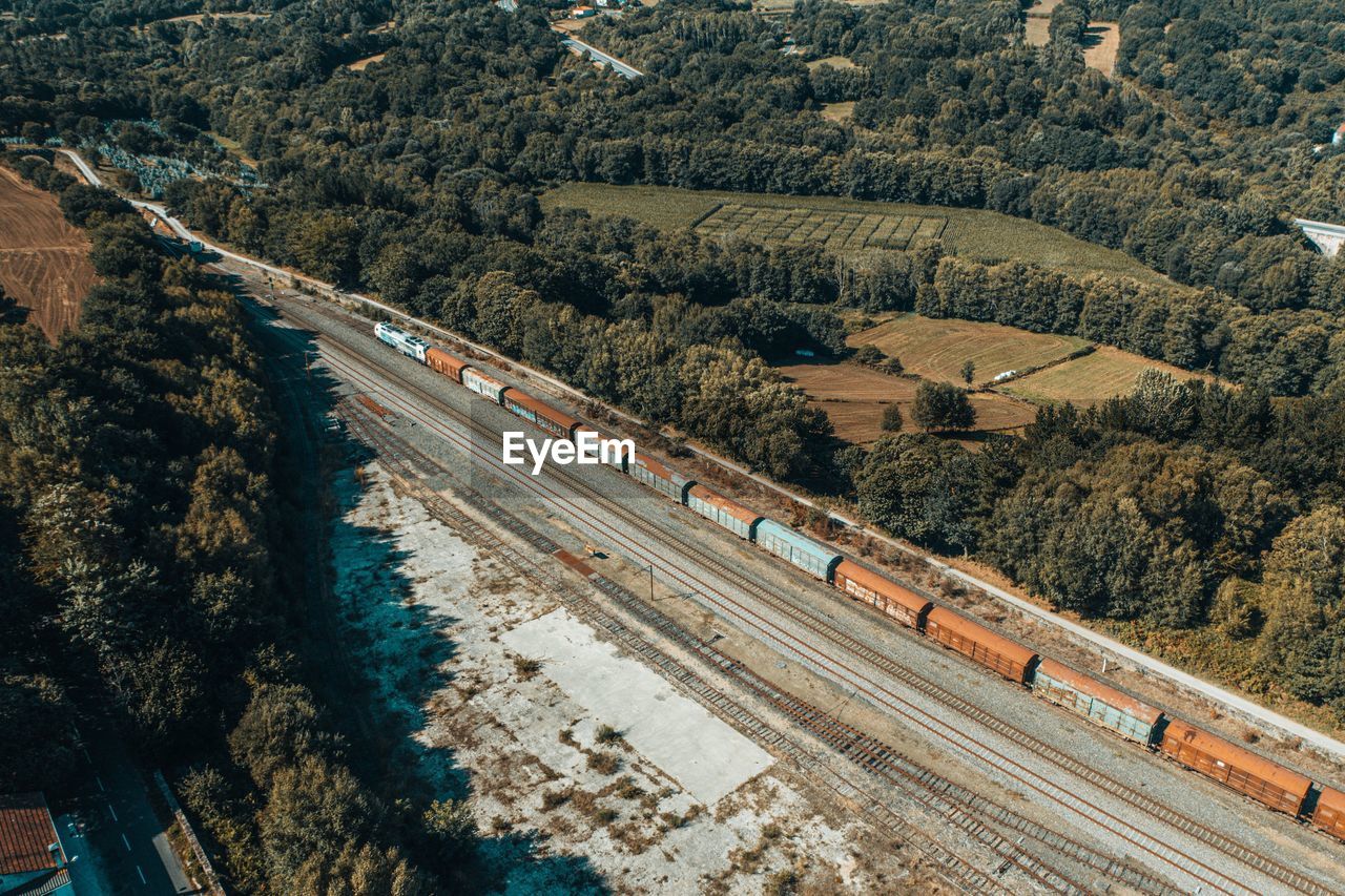 High angle view of train on railroad tracks
