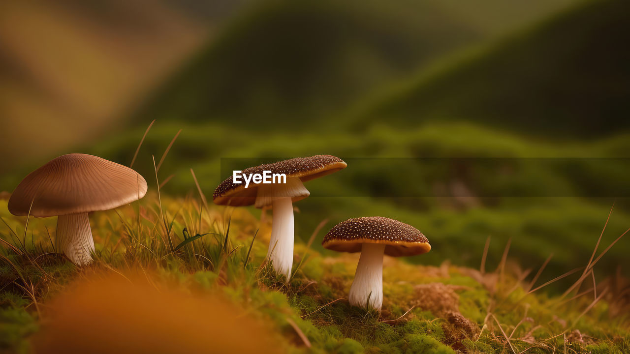 mushroom, fungus, nature, vegetable, plant, food, growth, land, macro photography, forest, beauty in nature, close-up, toadstool, grass, no people, fragility, food and drink, tree, selective focus, autumn, edible mushroom, green, field, surface level, freshness, focus on foreground, natural environment, outdoors, yellow, day, moss, fly agaric mushroom, leaf