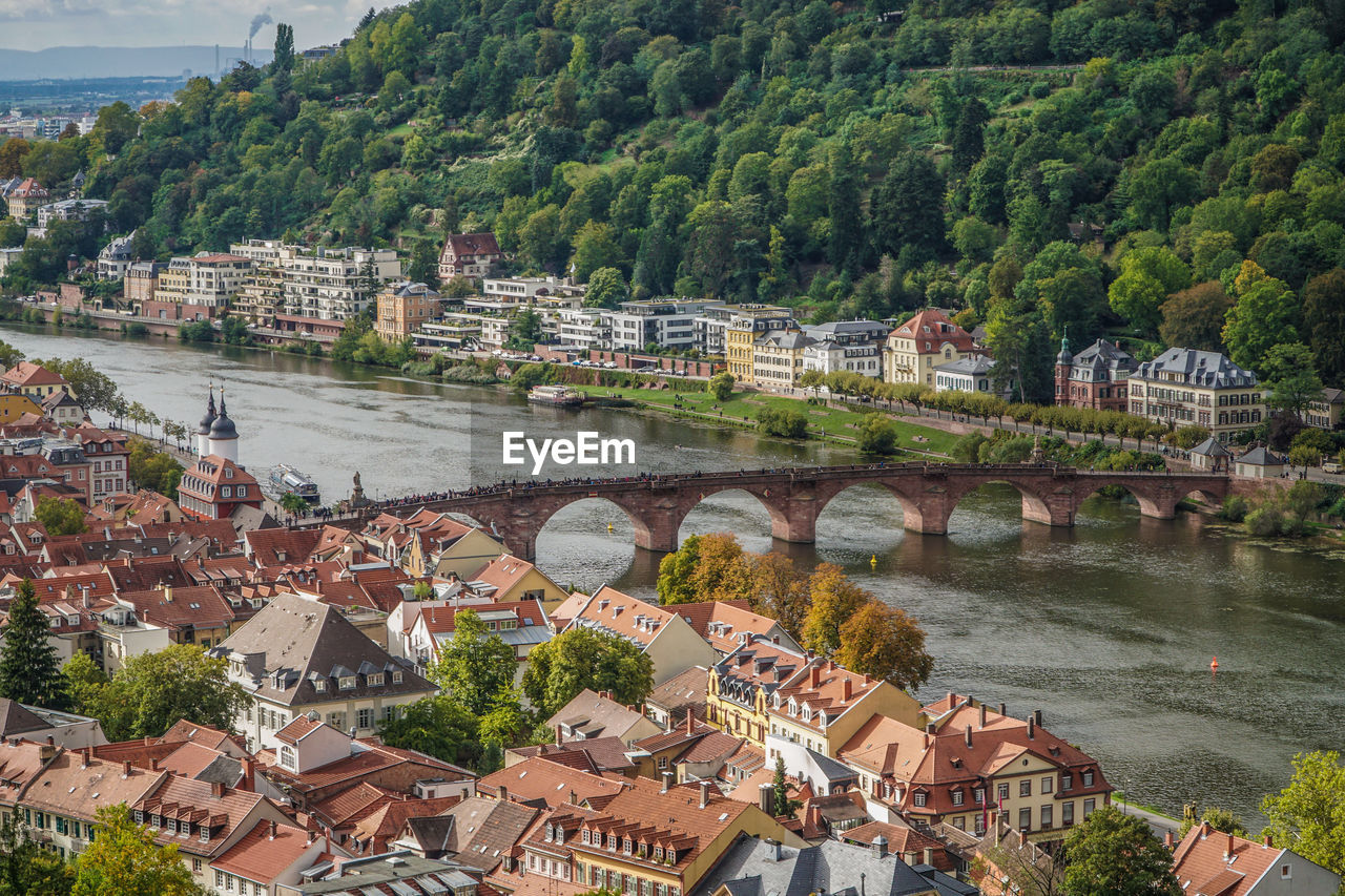 High angle view of bridge over river in town