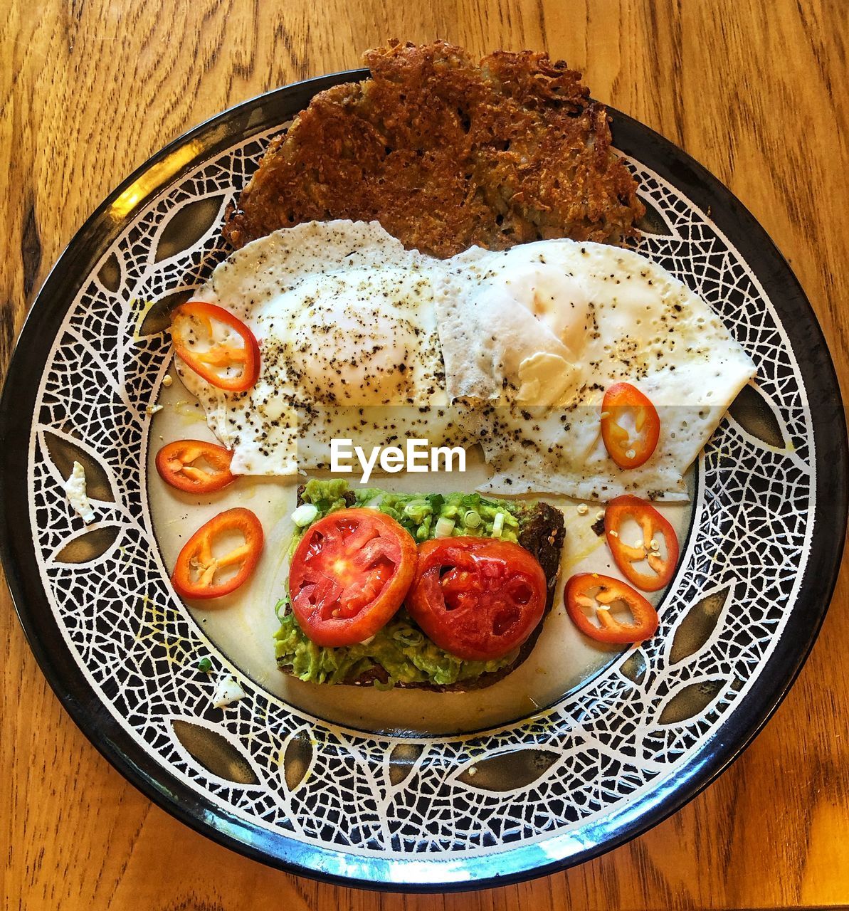 food and drink, food, healthy eating, freshness, dish, plate, table, wellbeing, fast food, indoors, vegetable, meal, no people, tomato, still life, directly above, fruit, cuisine, high angle view, wood, egg, produce, breakfast, fried, serving size, close-up, fried egg, bread
