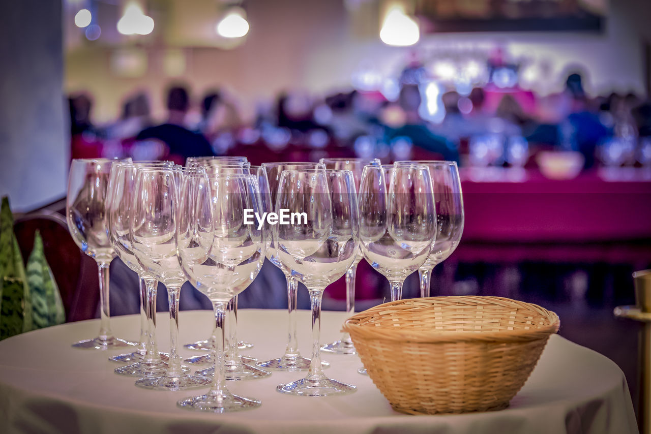 Close-up of wineglasses on table in restaurant