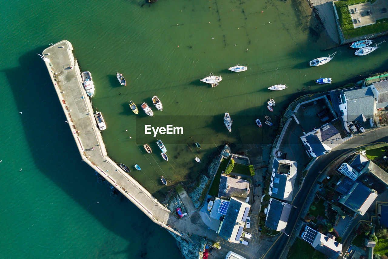 High angle view of boats in harbor