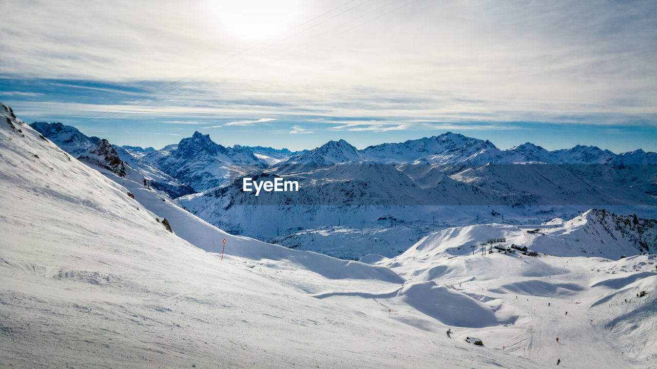 Scenic view of snow covered mountains against sky