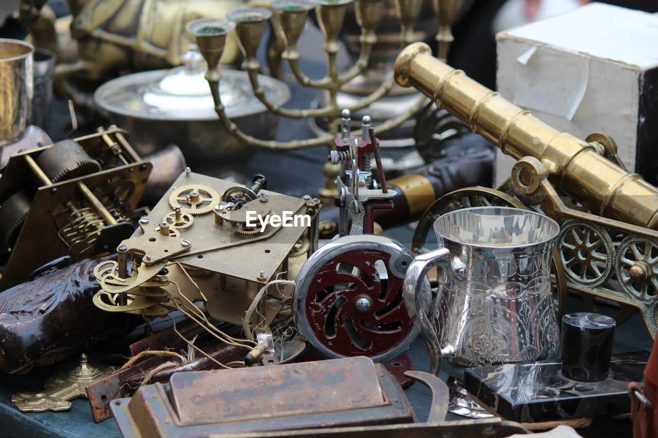 Close up of various vintage objects at a flea market in vilnius, lithuania