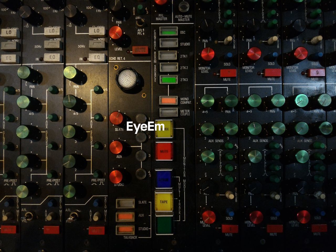 Close-up of multi colored audio mixer