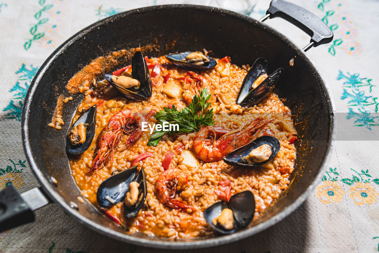 high angle view of food in cooking pan