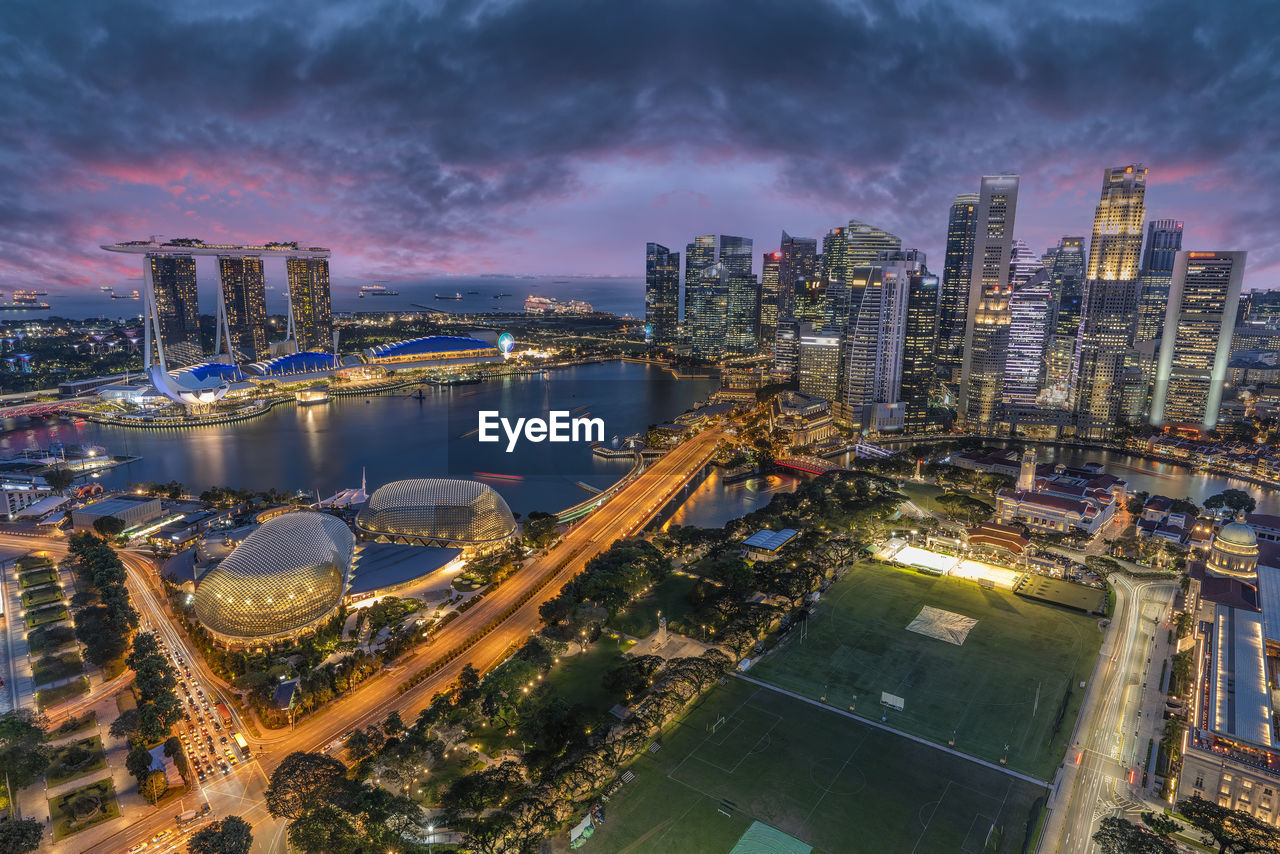 Amazing twilight view of marina bay sands, singapore from aerial