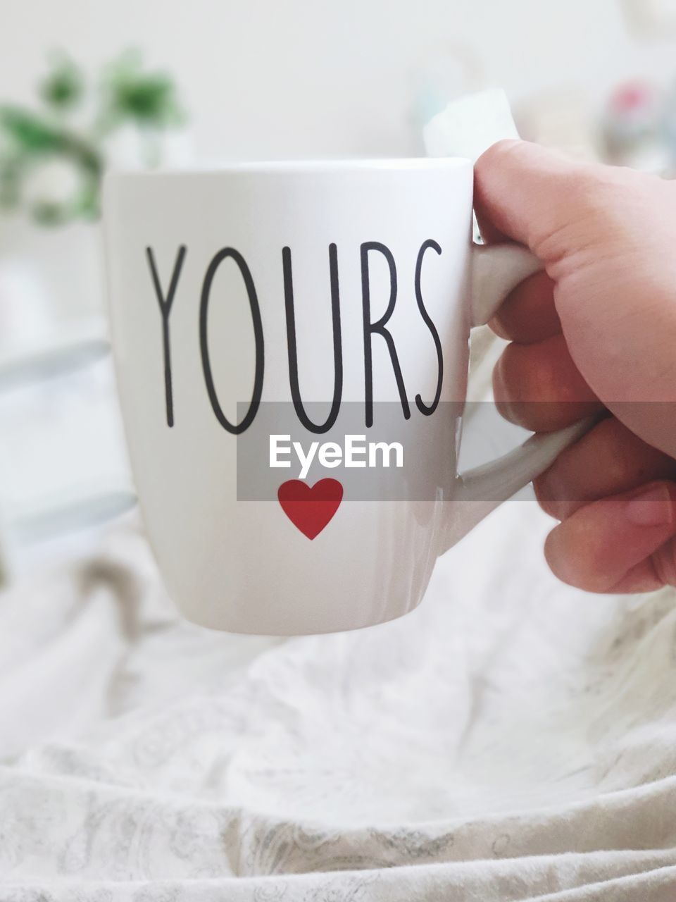 Cropped hand holding cup with text