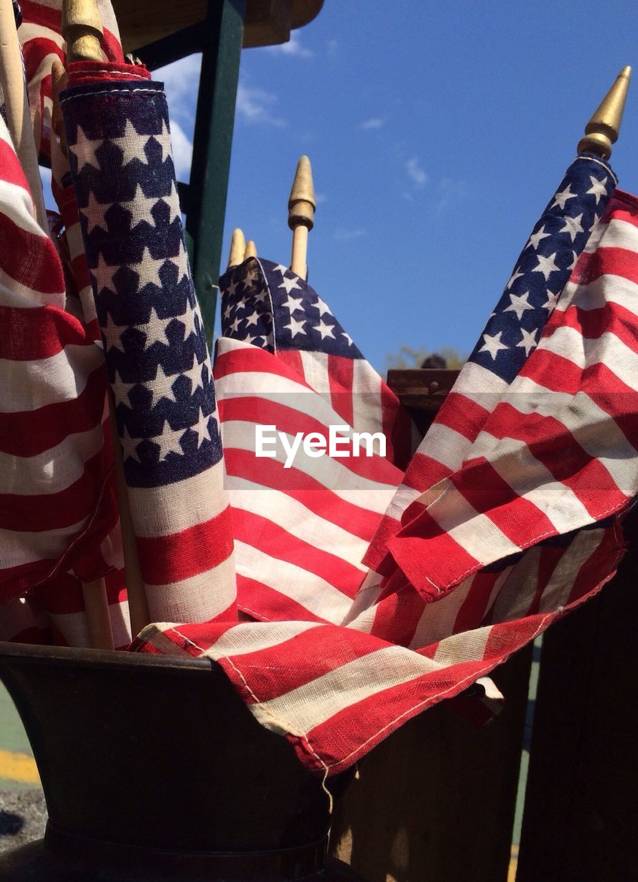Close-up of a stack of american flags
