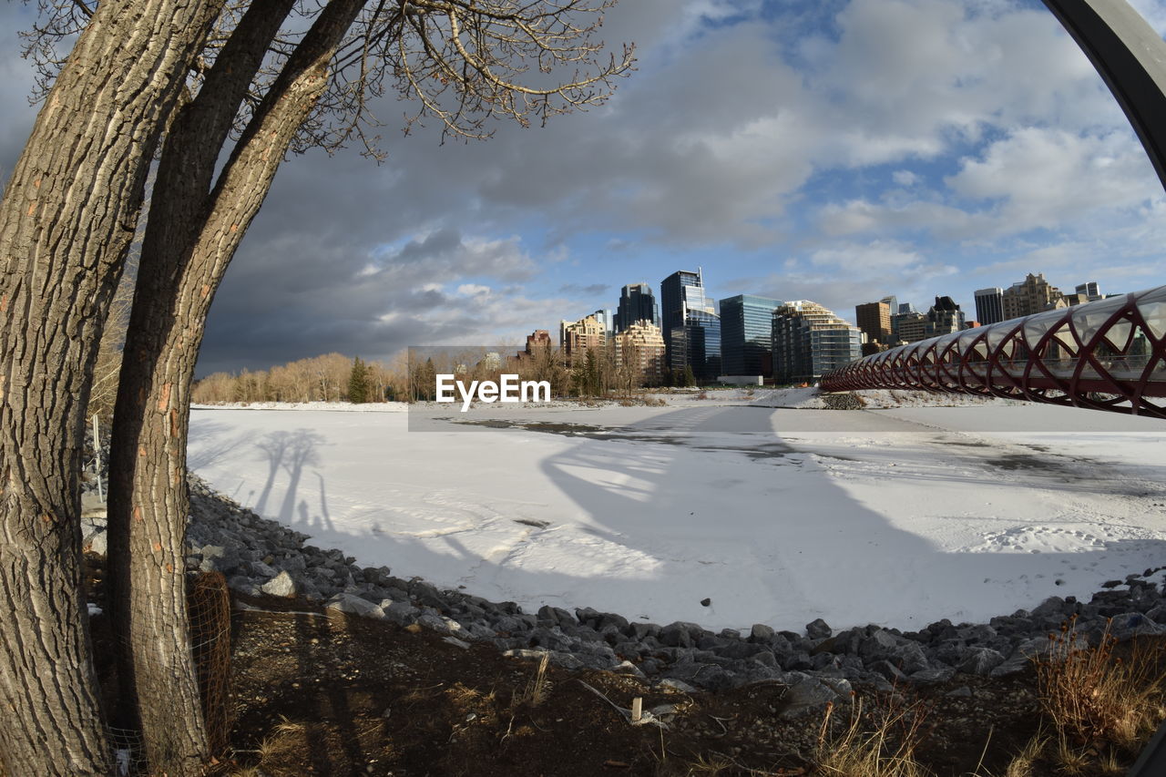 PANORAMIC SHOT OF SNOW COVERED LAND AGAINST SKY