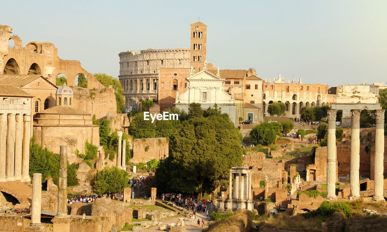 Cityscape skyline of landmarks of ancient rome with coliseum and roman forum 