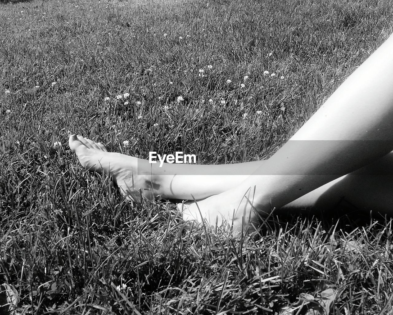Low section of woman resting on grassy field