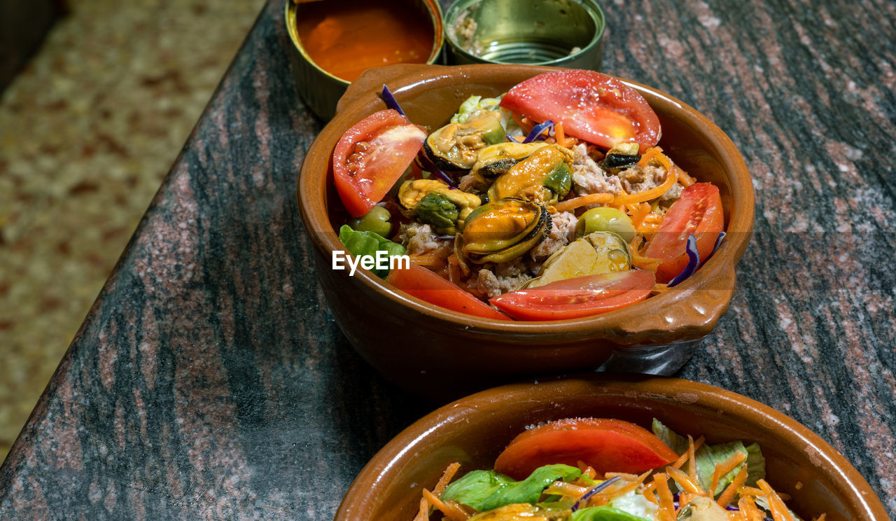 food and drink, food, healthy eating, wellbeing, vegetable, freshness, bowl, dish, table, cuisine, meal, produce, no people, high angle view, wood, asian food, meat, indoors, seafood, spice, fruit, still life