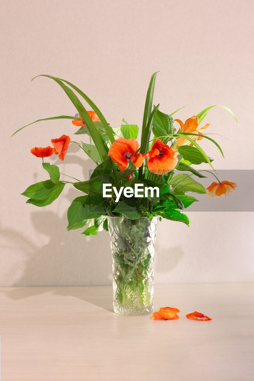 CLOSE-UP OF ORANGE FLOWERS IN VASE ON TABLE