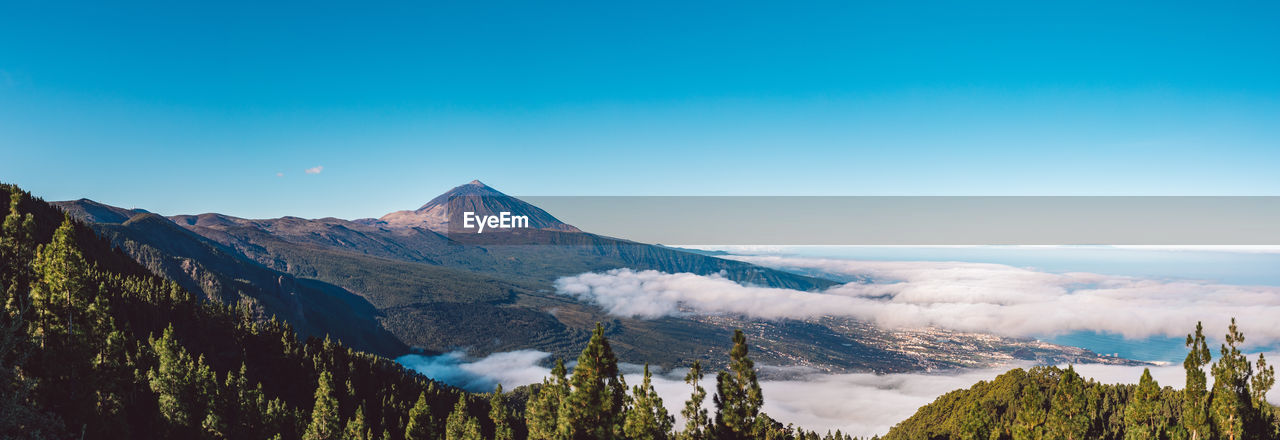 Panoramic view of snowcapped mountains against clear blue sky