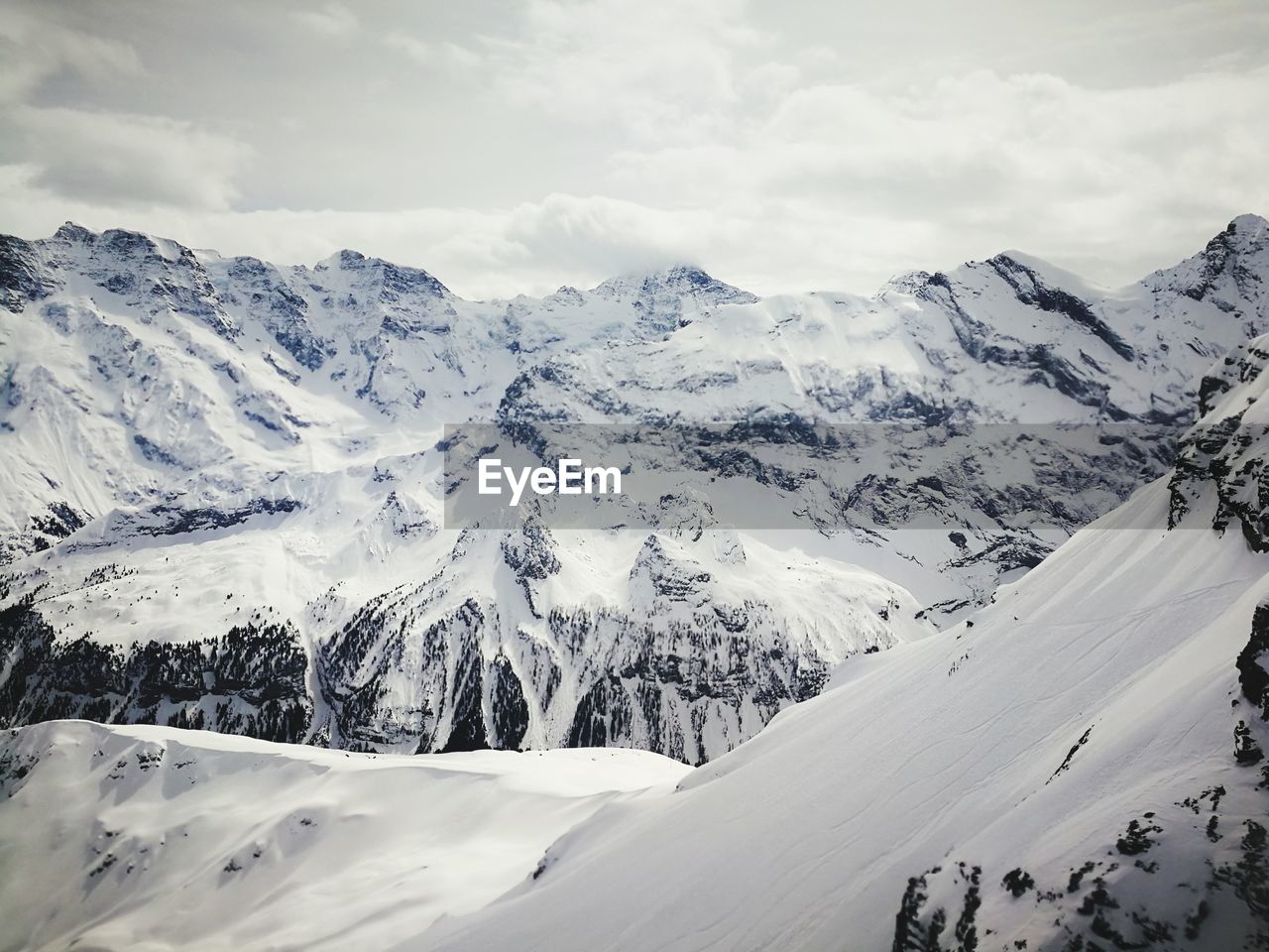 Scenic view of snow covered mountains against sky