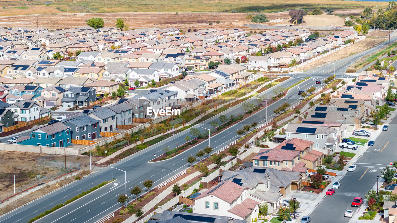 high angle view of people on road in city