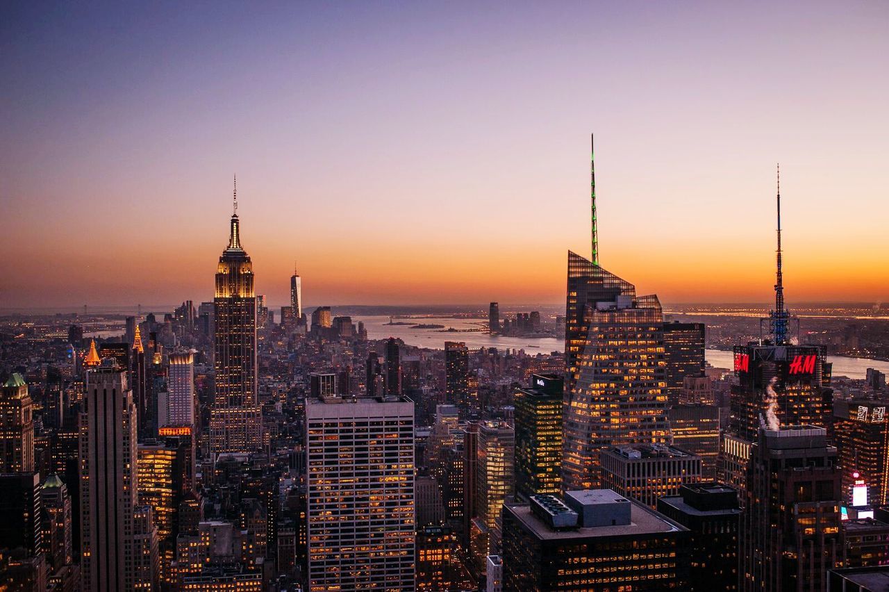 City skyline at sunset