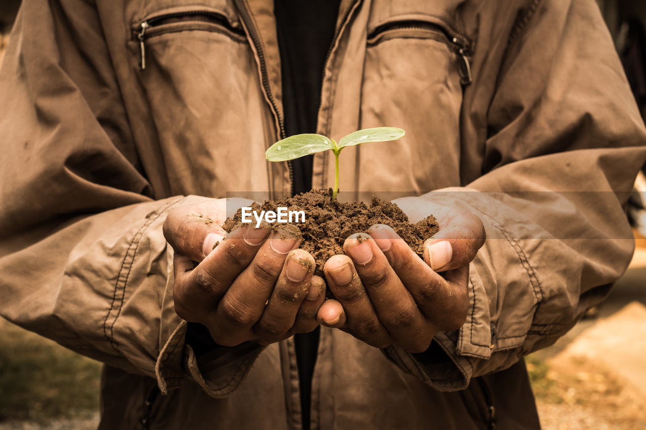 Midsection of person holding plant