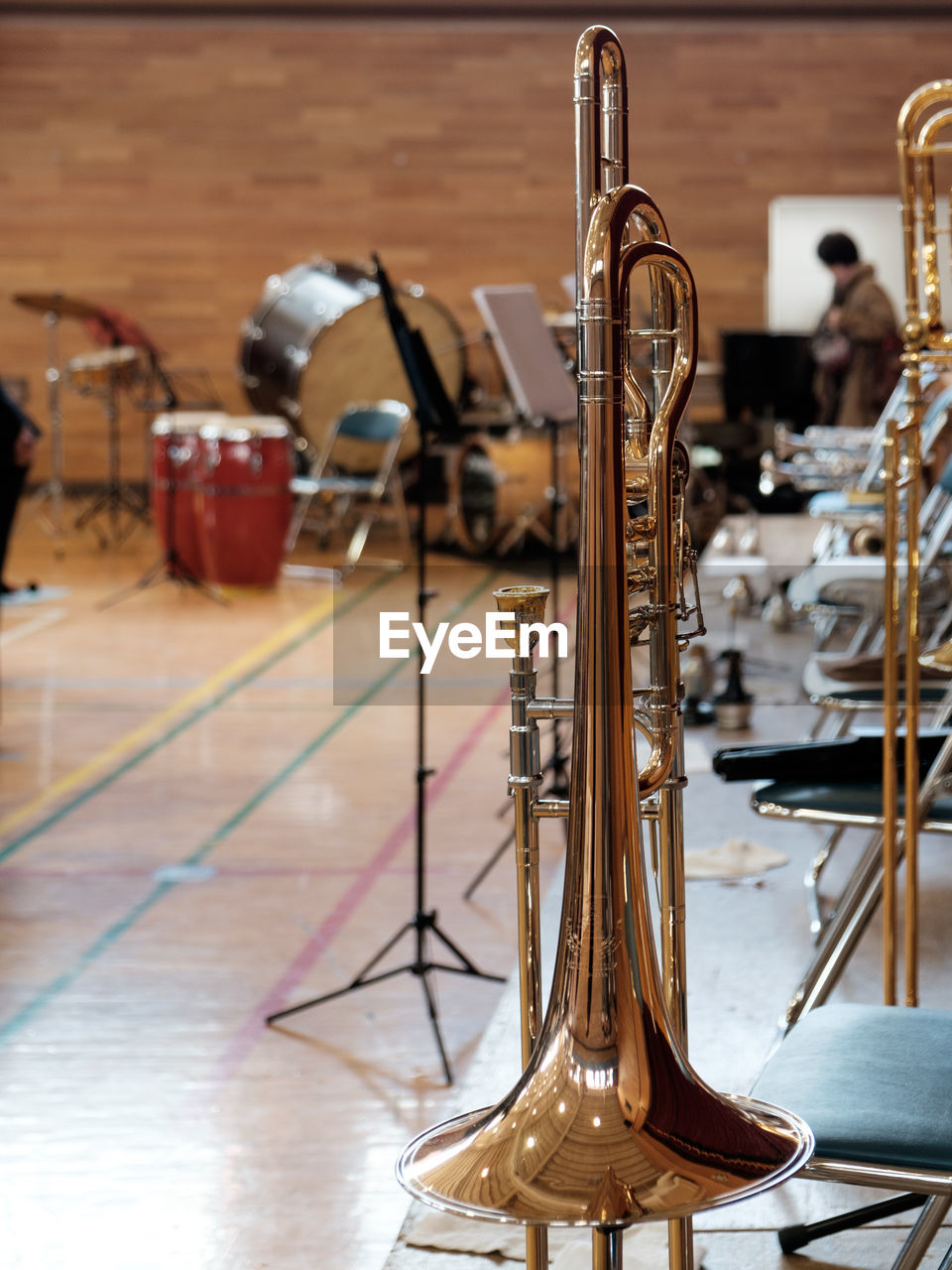 Close-up of trombone on stage