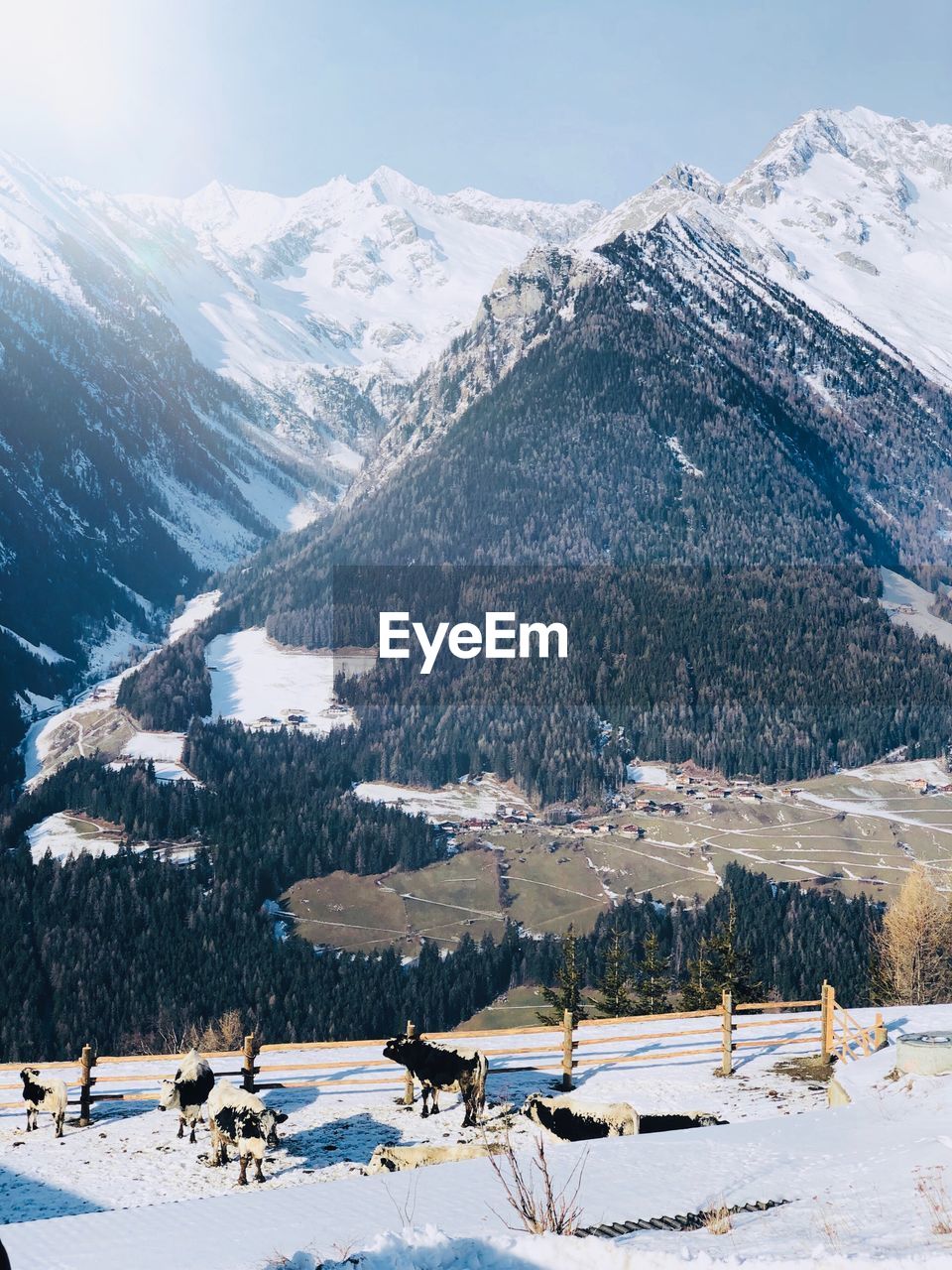 Scenic view of snow covered mountains against sky